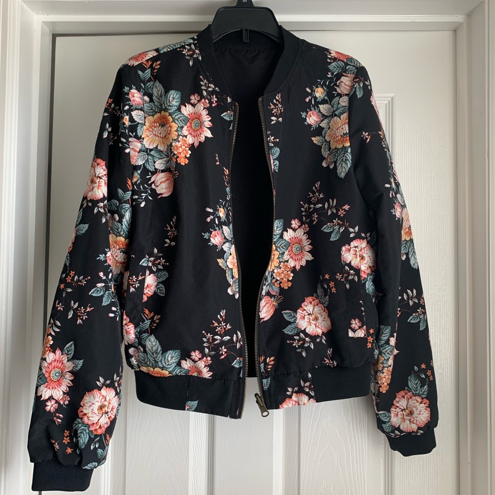 Floral print black bomber jacket